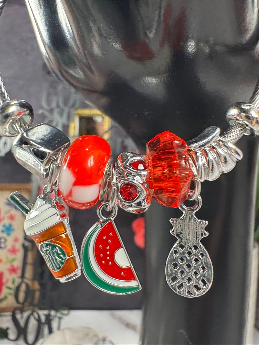 Sterling Silver Charm Bracelet with Red Glass Beads and Summer Charms